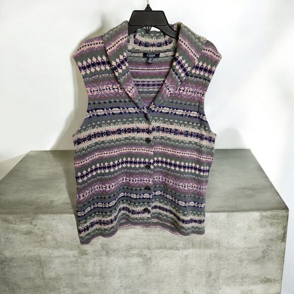 Chaps Fair Isle Shawl Collar Sweater Vest Womens XL Button Front Vintage - Picture 1 of 1